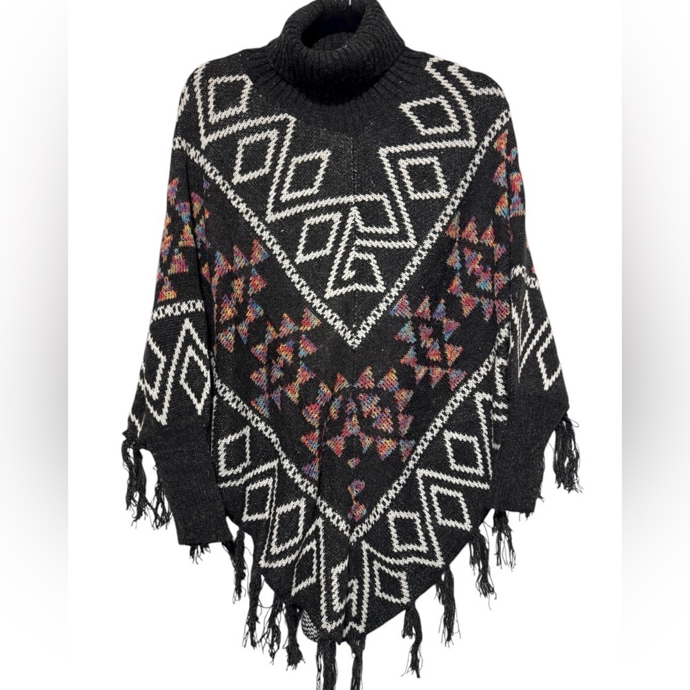 Kamana Black White Multicolor Aztec Geometric Fringe Poncho OS - Picture 2 of 7